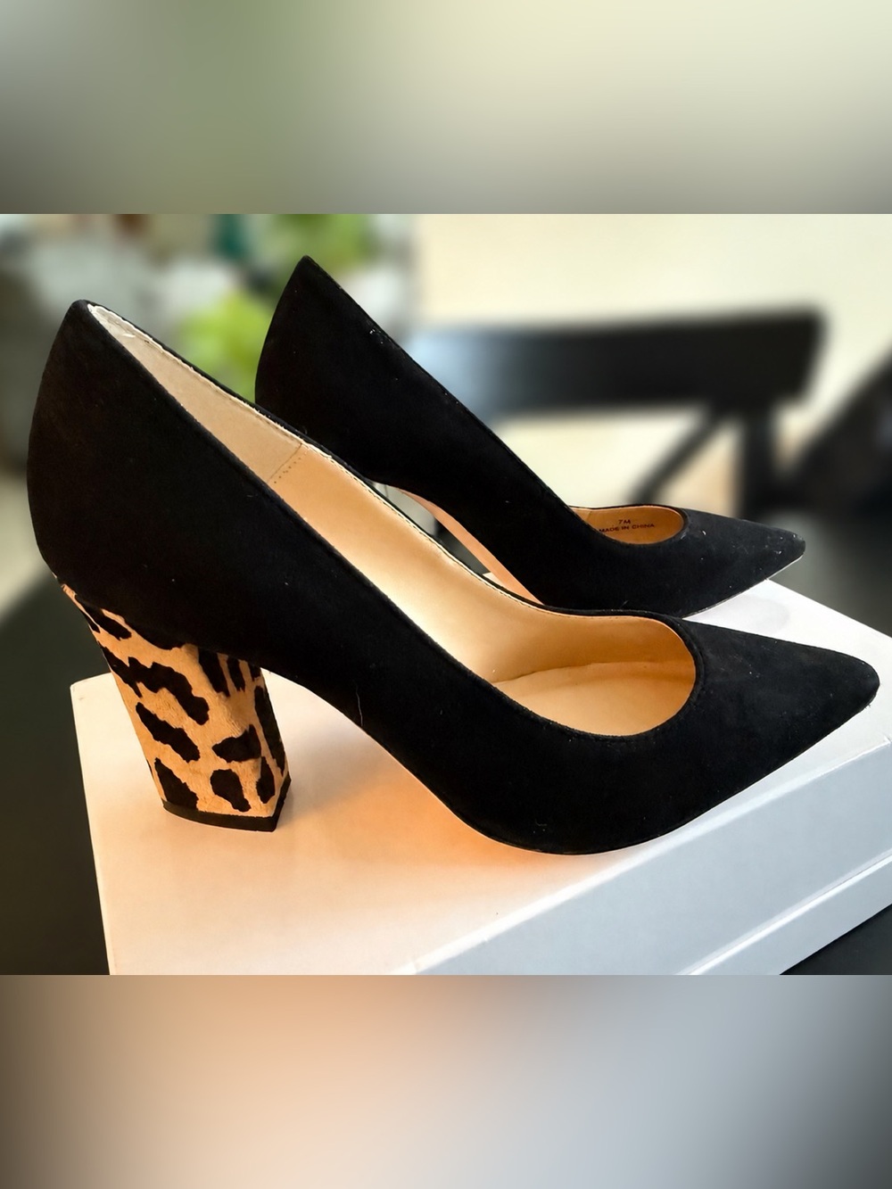 NWT Neiman Marcus Black Suede Pumps with Leopard-Print Block Heel